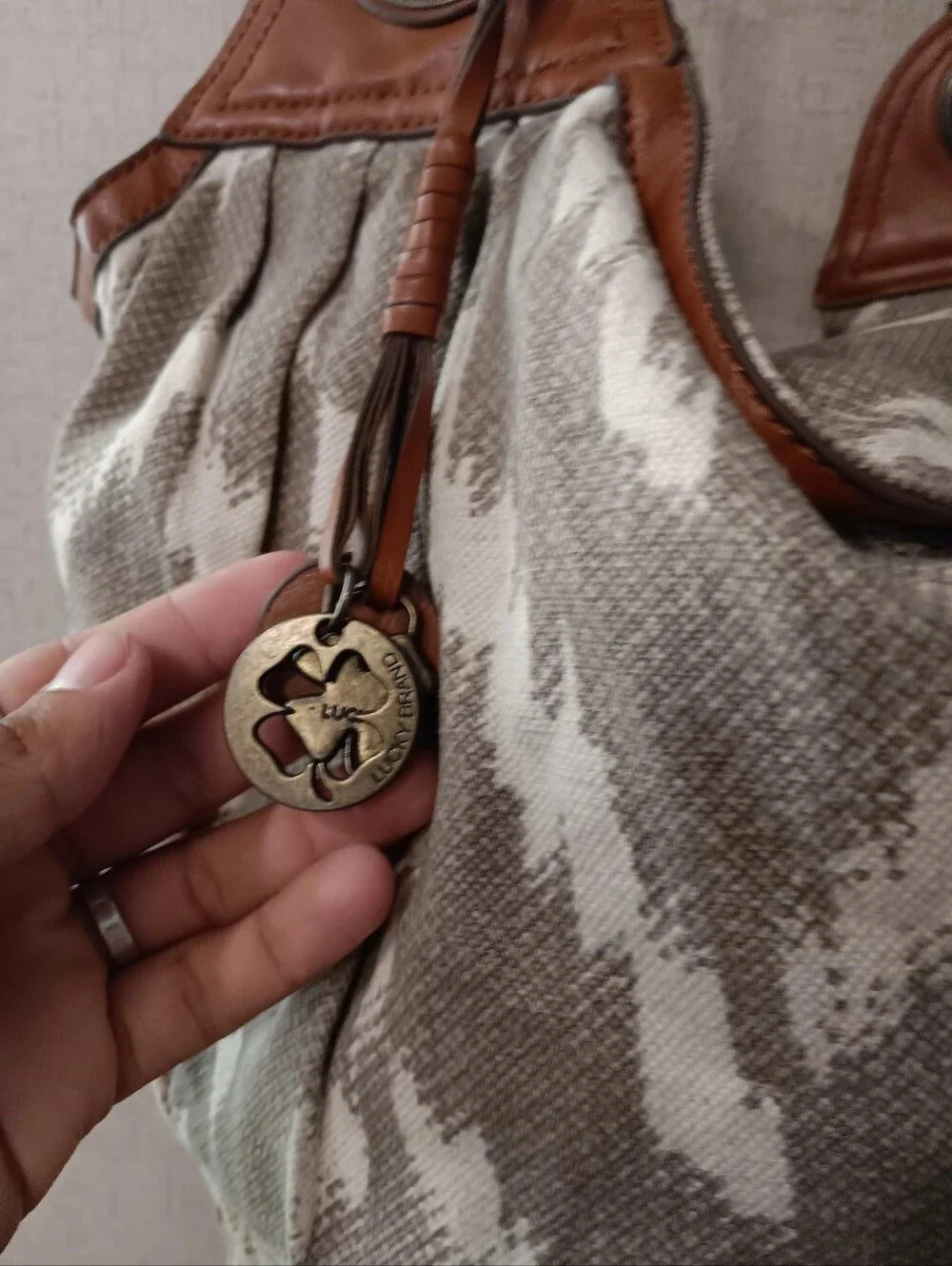 Vintage Lucky Brand Beige Canvas Hobo with Brown Leather Trim